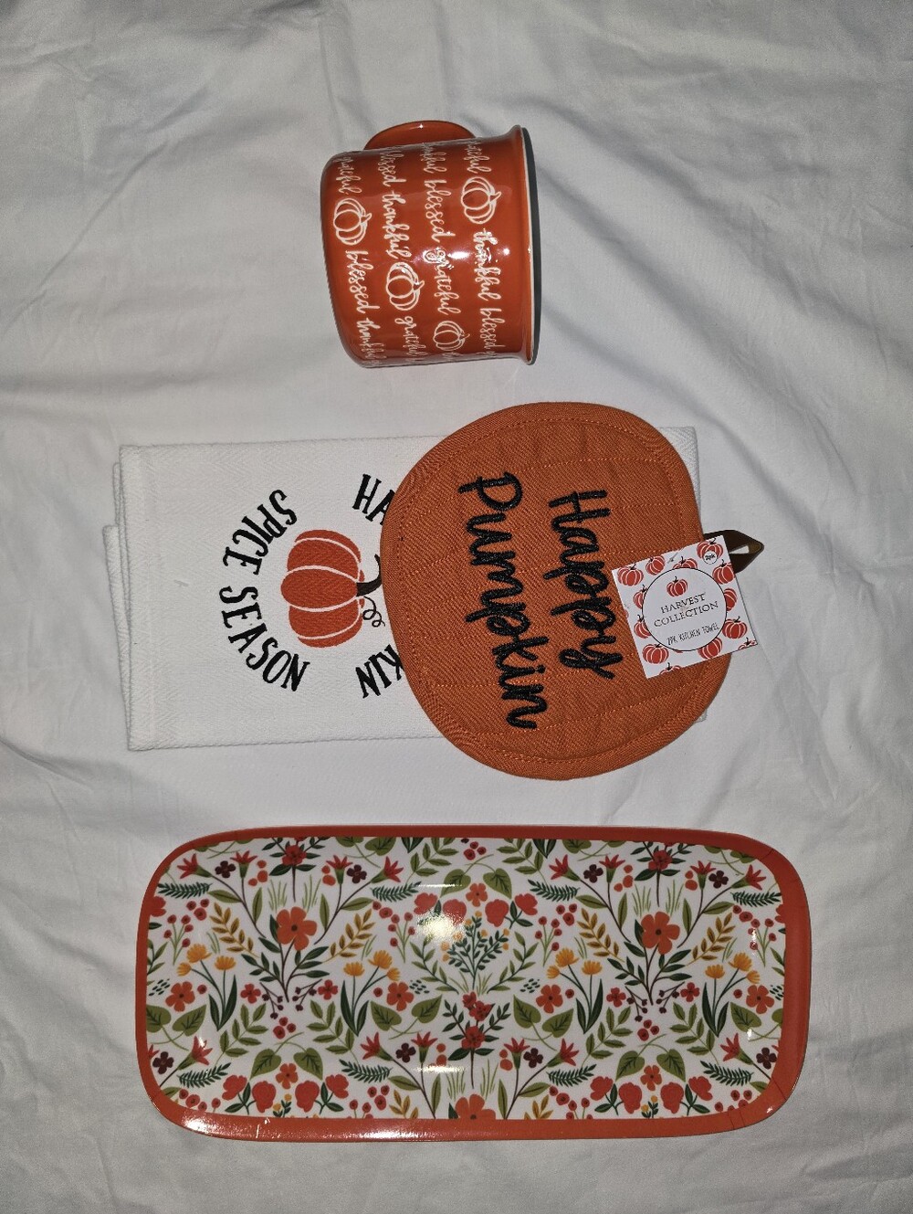 4pc Harvest Mug, Pot Holder,  Kitchen Towel and Serving Tray Set